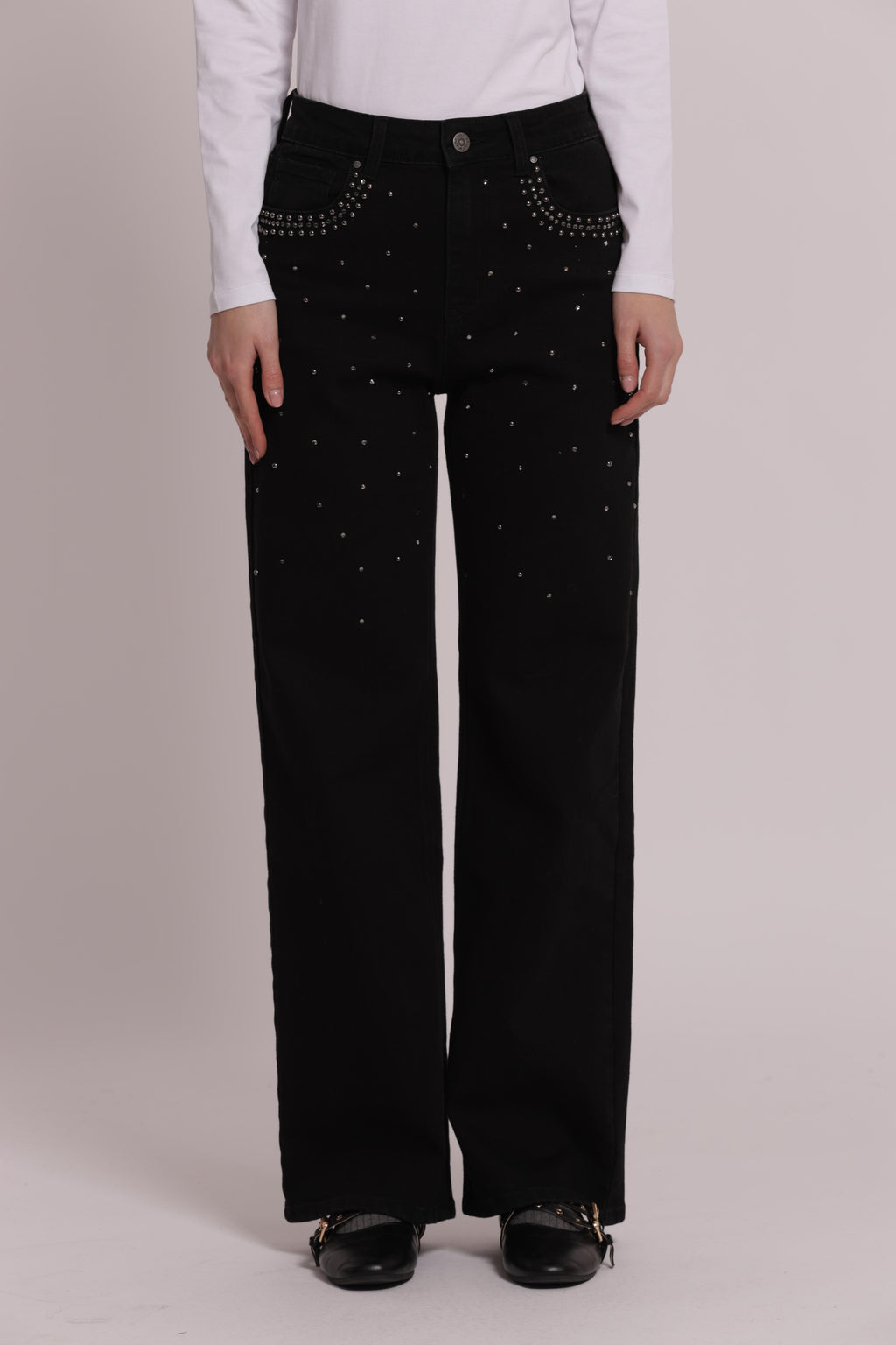 JEANS WIDE LEG CON BORCHIE E STRASS